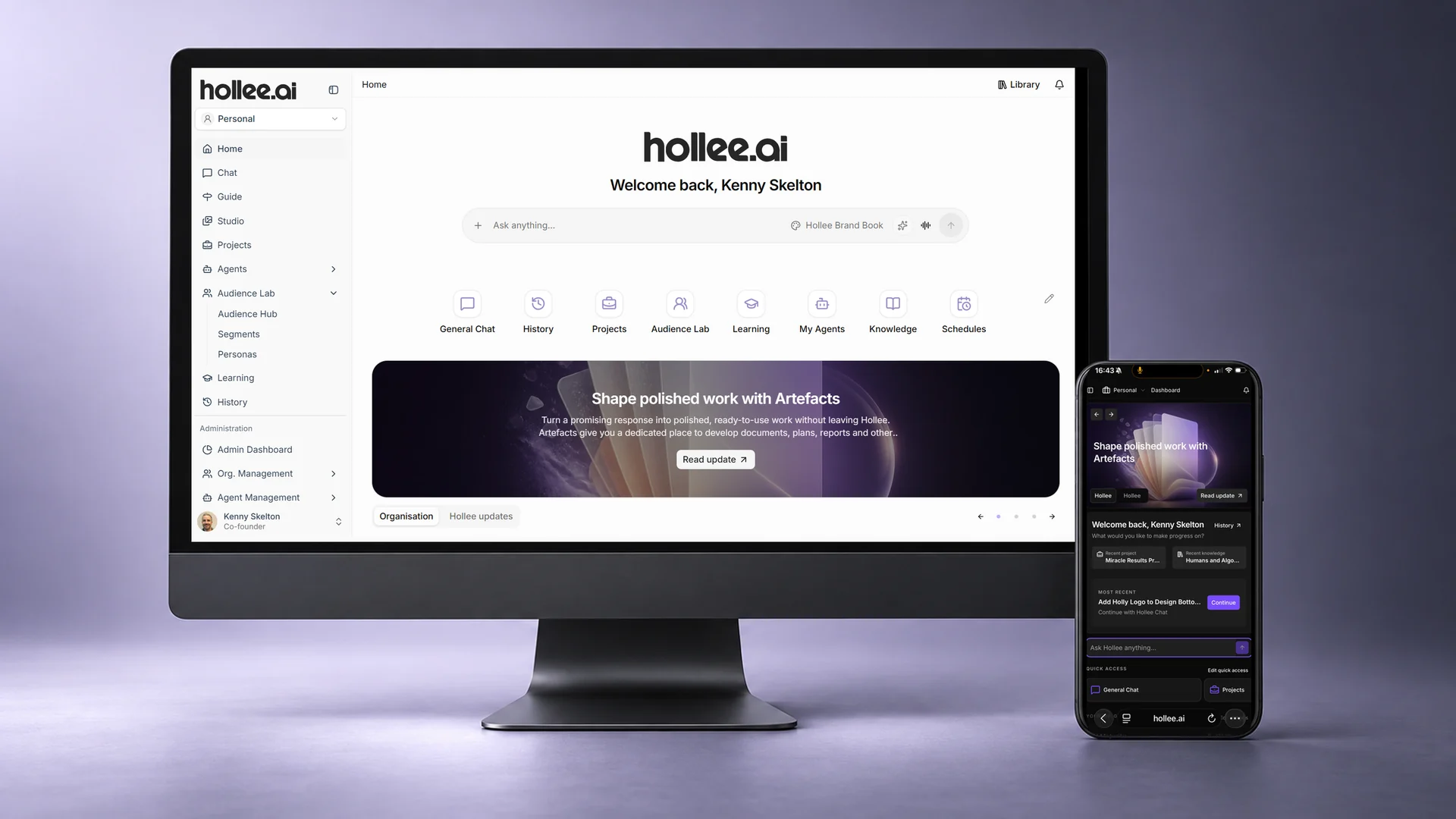 Hollee desktop Home screen beside a mobile dashboard, landscape image