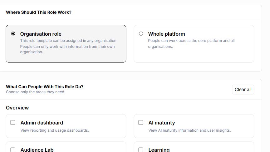 Hollee organisation roles and permissions