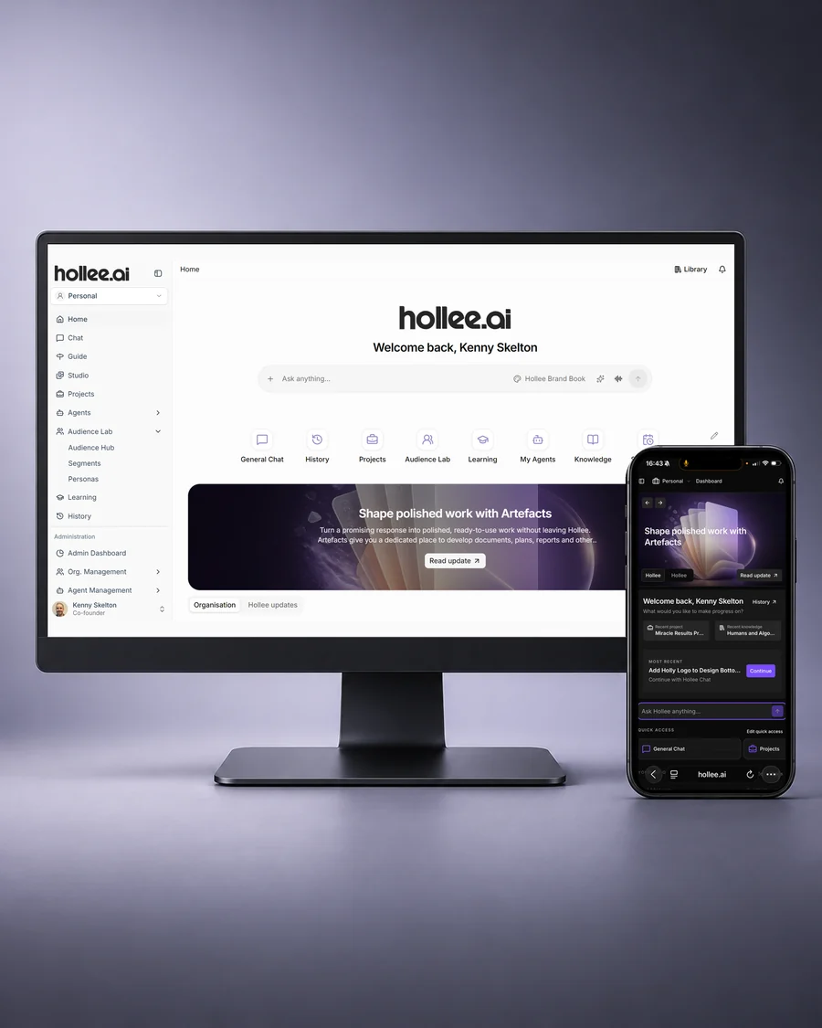 Hollee desktop Home screen beside a mobile dashboard, portrait image
