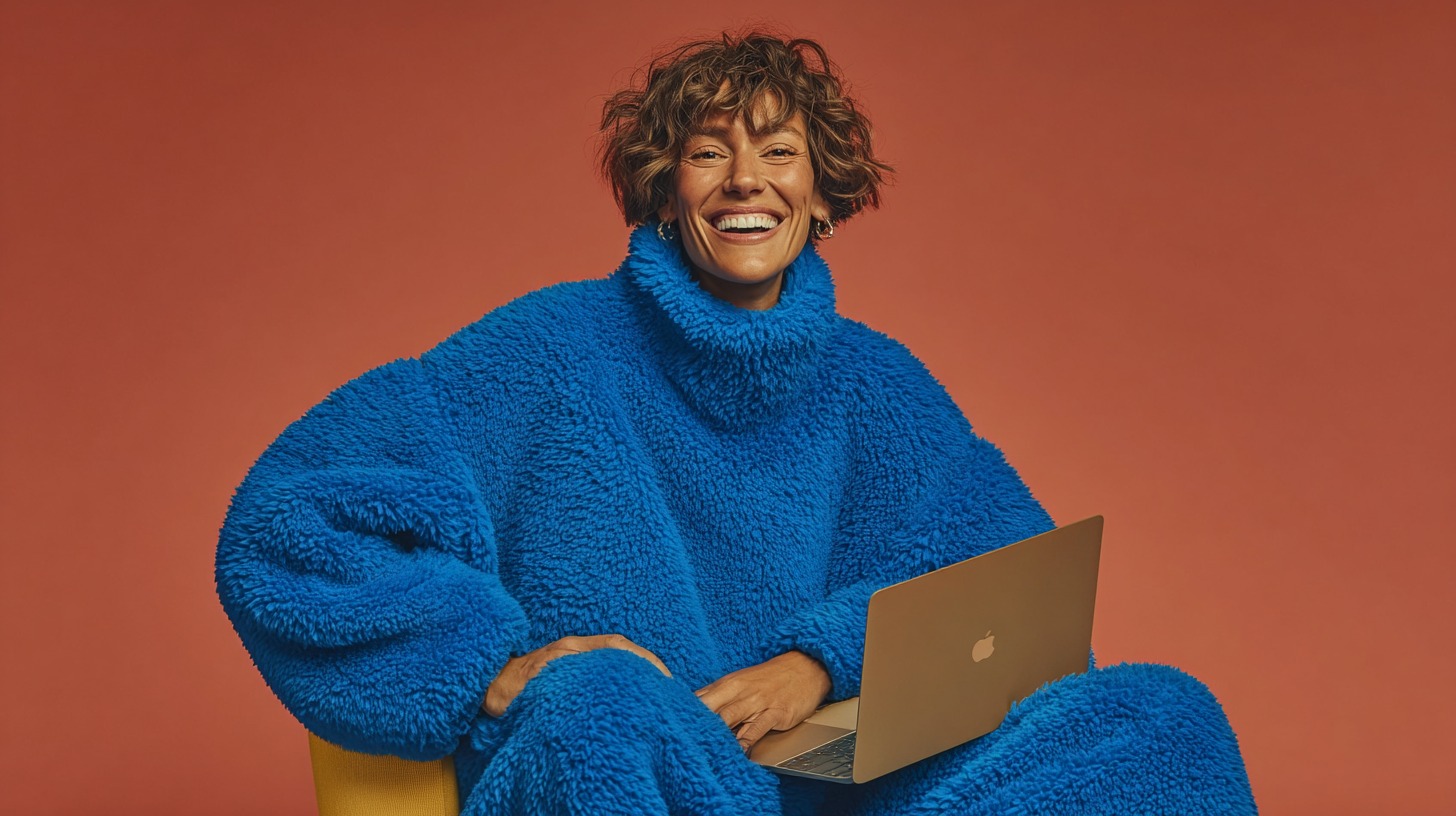 A creative director working at a laptop against a bold blue background